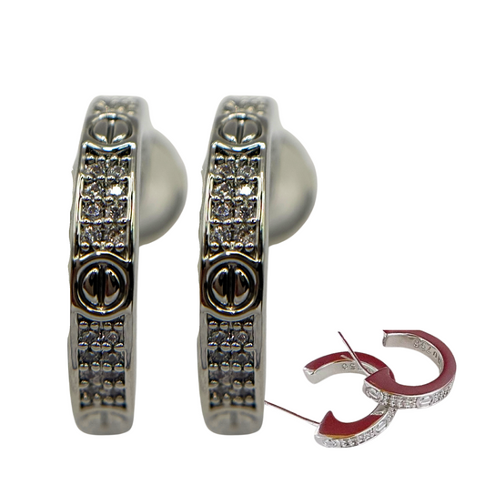 Crystal Accent Designer Huggies Sterling Silver Post Earrings