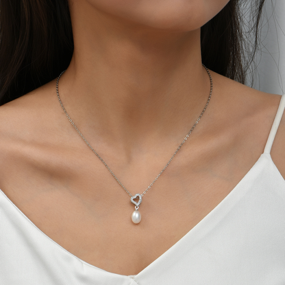 Crystal Heart with Freshwater Pearl Pendant Necklace