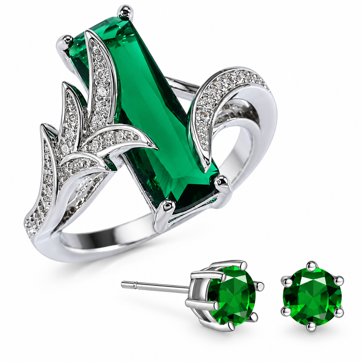 Emerald Elegance Ring and Stud Earrings Set