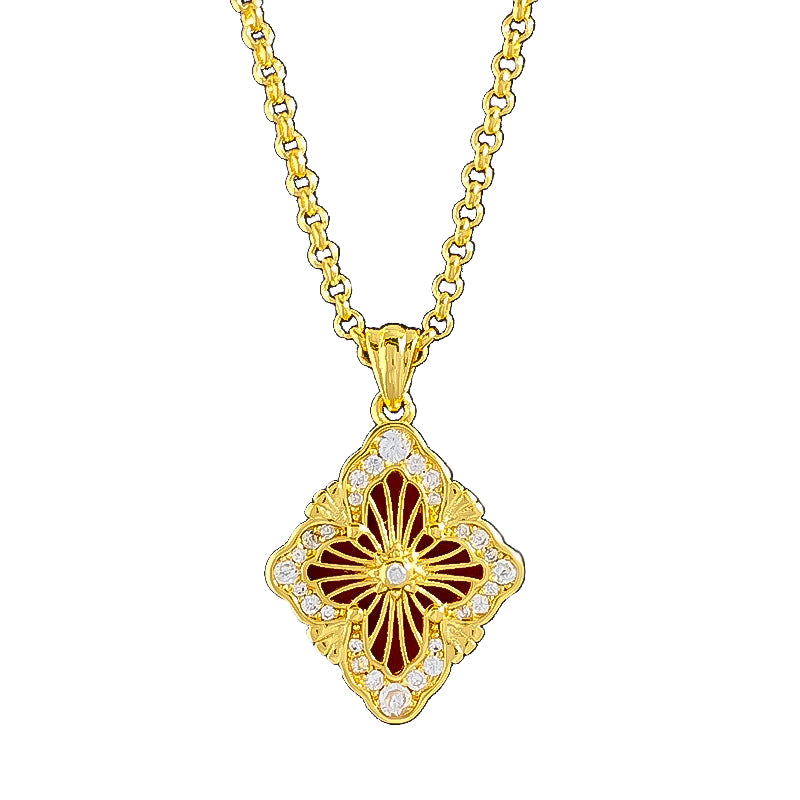 Sterling Silver Double-Sided Red Agate Clover 14K Gold Plated C/Z Pendant Necklace