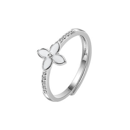 S925 Sterling Silver Clover Four Leaf C/Z Open Adjustable Ring