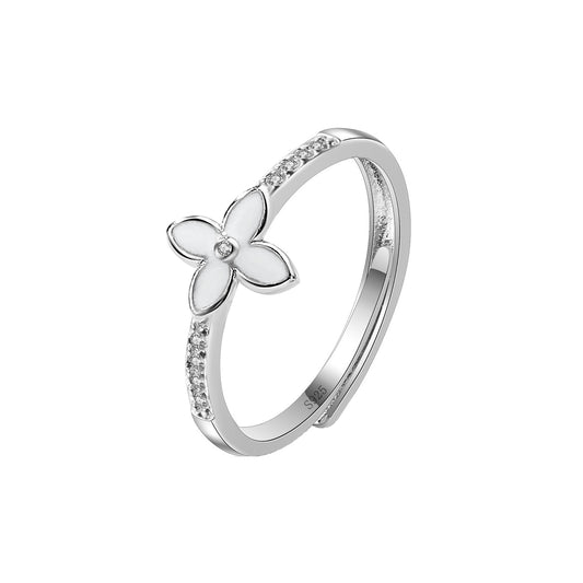 Sterling Silver Clover Four Leaf C/Z Open Adjustable Ring