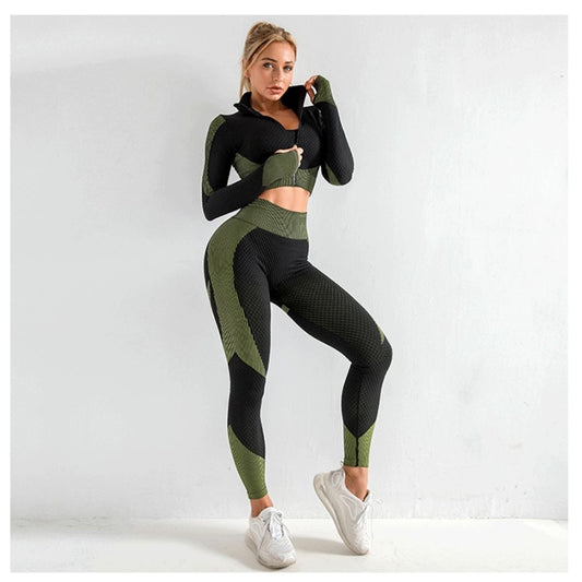 3 Pieces Yoga Gym Set Women Fitness Suit Leggings Jacket Bra in Olive Green & Black