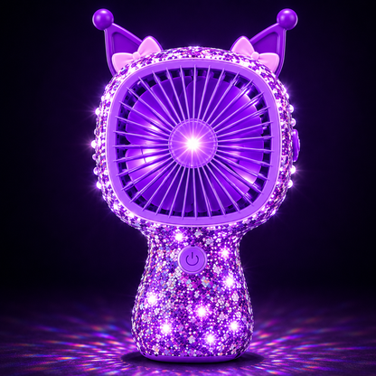 3-Speed Rechargeable Mini Fan with 6 LED Lights Sparkling Diamante Finish Portable Handheld Fan