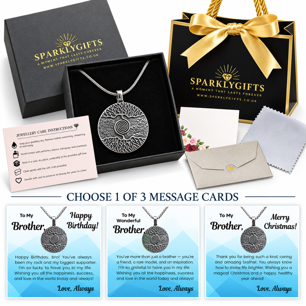 316L Stainless Steel Tree of Life Necklace for Brother with Personalised Message