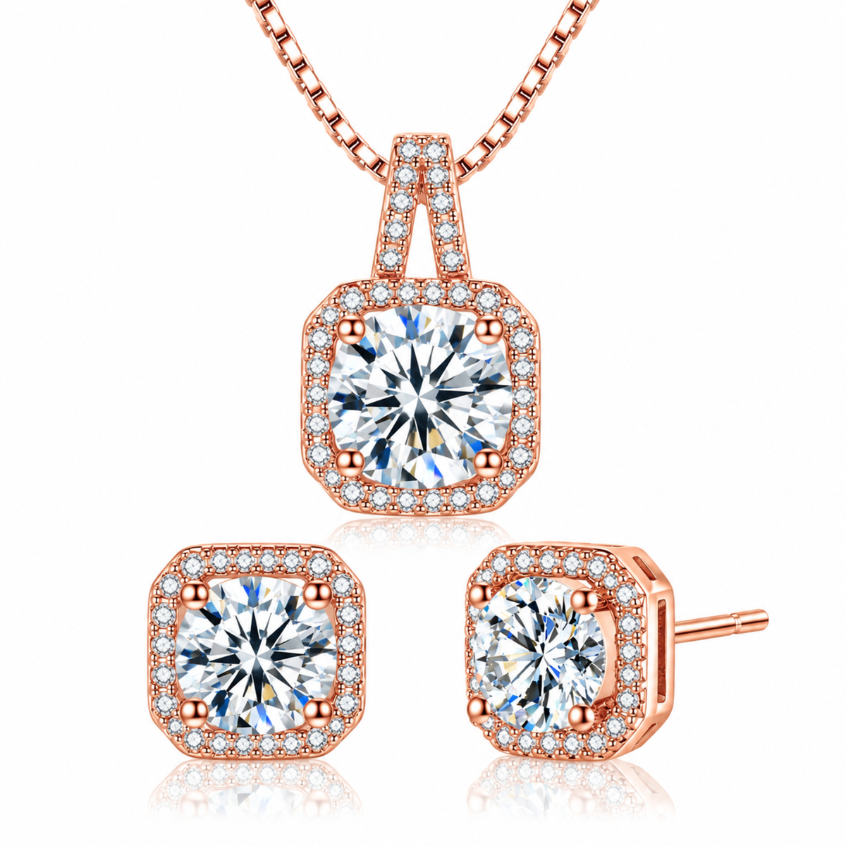 Women’s Cubic Zirconia Halo Crystal Pendant Necklace & Stud Earrings Jewellery Set