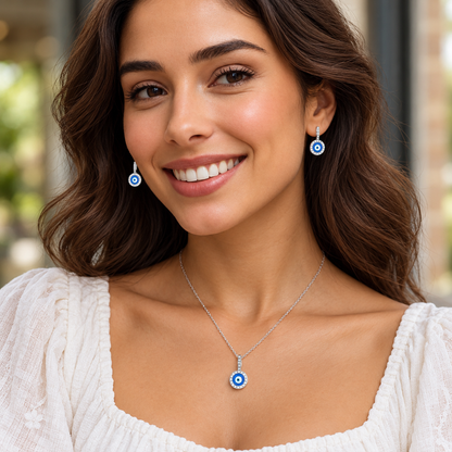 S925 Sterling Silver Evil Eye Necklace Earrings Jewellery Set