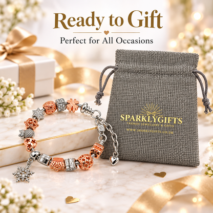 Winter Wonderland Rose & Silver-Plated Charm Bracelet with 12 Beads and Snowflake Charm Pendant