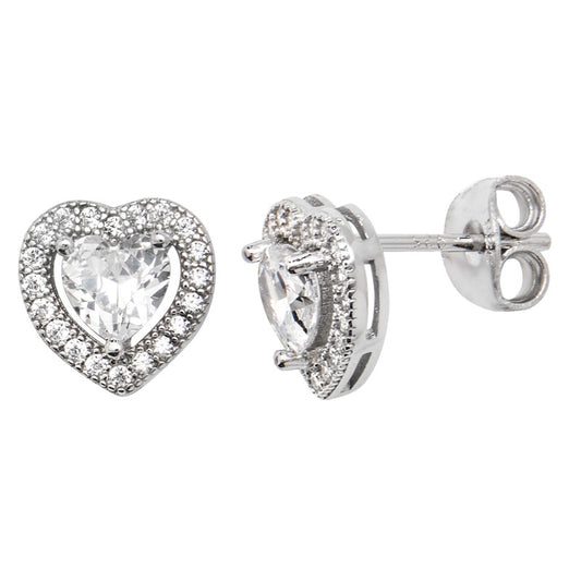 Sterling Silver Cubic Zirconia Rhodium Plated Halo Heart Stud Earrings