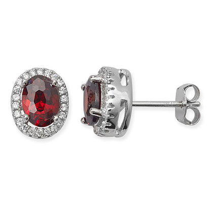 Sterling Silver Red Garnet Cubic Zirconia Halo Oval Stud Earrings
