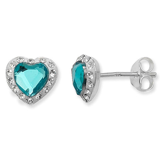 Sterling Silver Preciosa Crystal Aquamarine 9mm Heart Stud Earrings