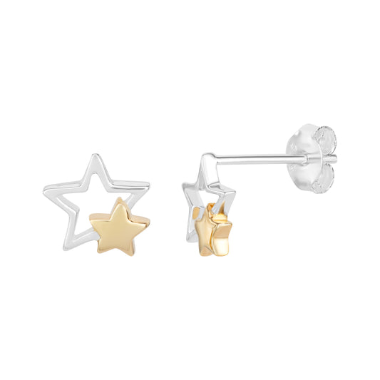 Sterling Silver Gold Plated Two Tone Stars Stud Earrings