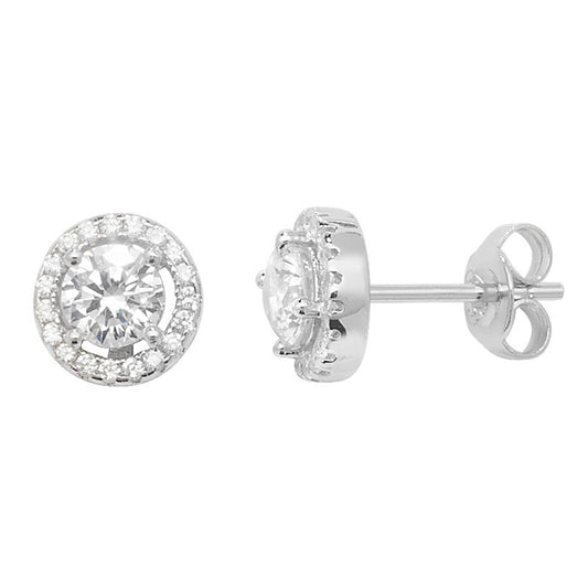 Sterling Silver Cubic Zirconia Rhodium Plated Classic Halo Stud Earrings