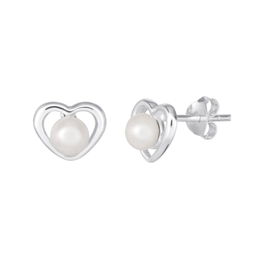 Sterling Silver Heart Pearl Stud Earrings