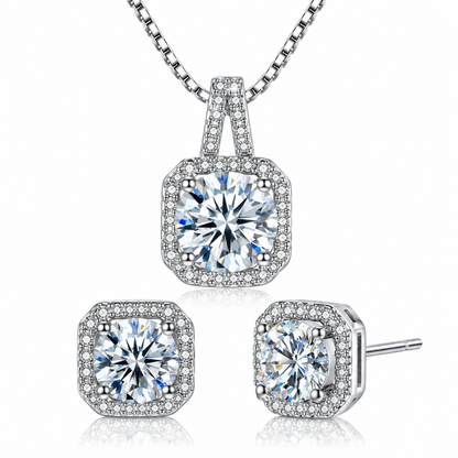 Women’s Cubic Zirconia Halo Crystal Pendant Necklace & Stud Earrings Jewellery Set