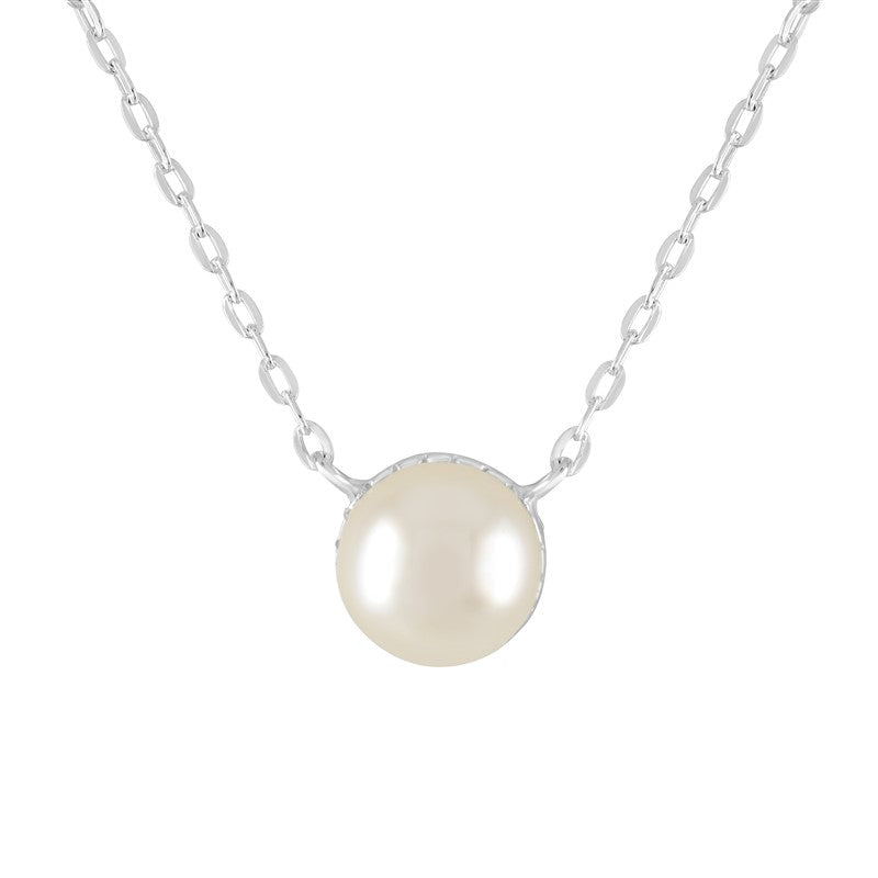 Sterling Silver Diamond Cut Set 6mm Pearl Necklace