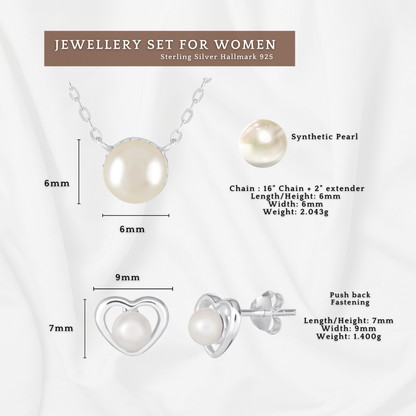 Sterling Silver Diamond Cut Set 6mm Pearl Necklace and Stud Earrings Set