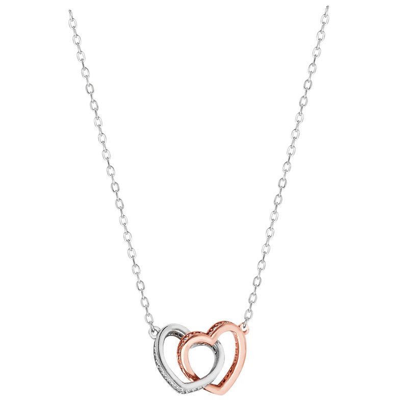 Sterling Silver Cubic Zirconia Rhodium Plated Two Tone Double Heart Necklace