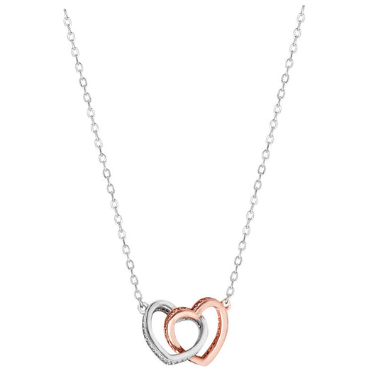 Sterling Silver Cubic Zirconia Rhodium Plated Two Tone Double Heart Necklace