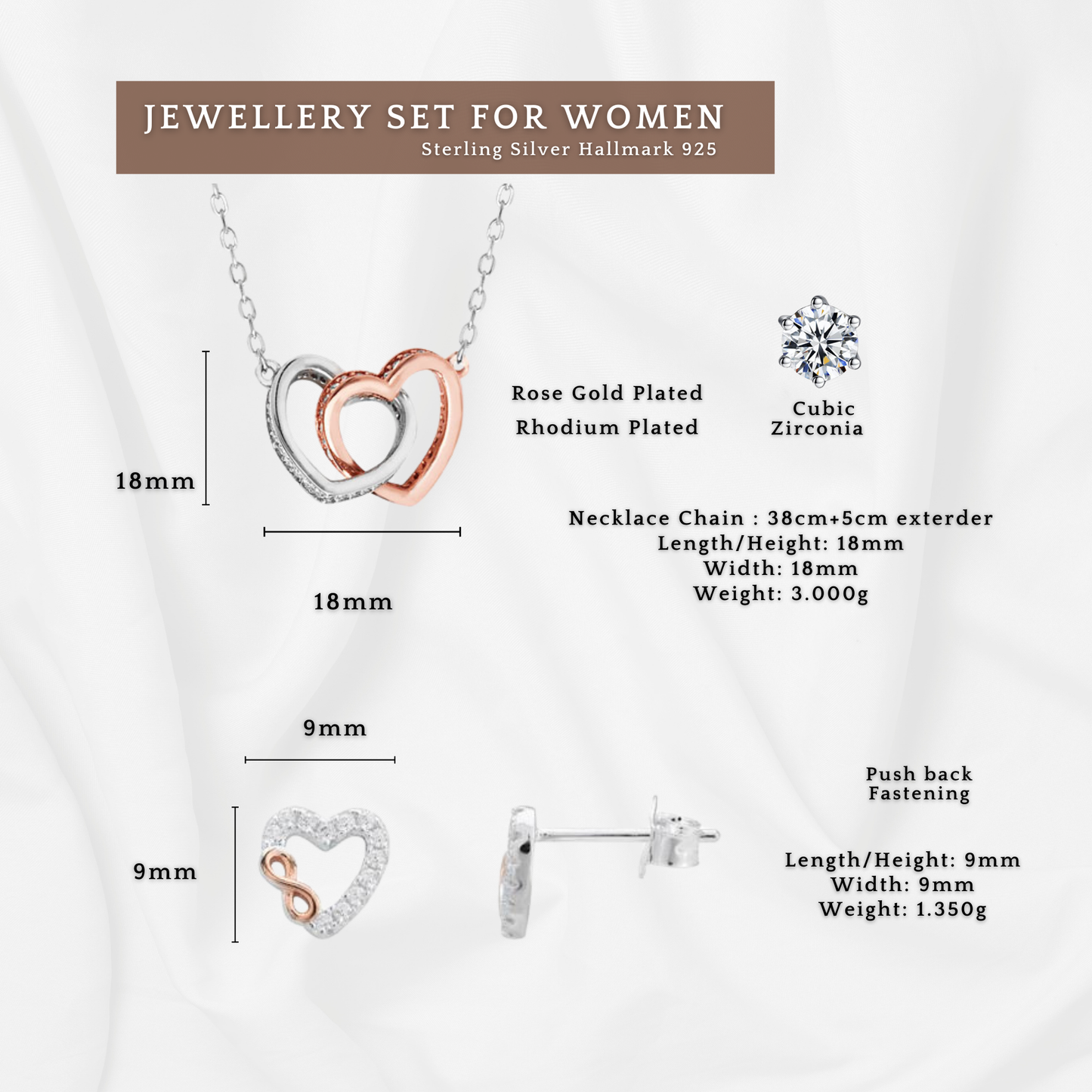 Sterling Silver Cubic Zirconia Two Tone Double Hearts Necklace and Affinity Stud Earrings