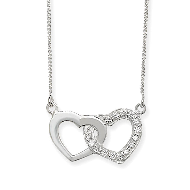 Sterling Silver Cubic Zirconia Linked Double Heart Necklace