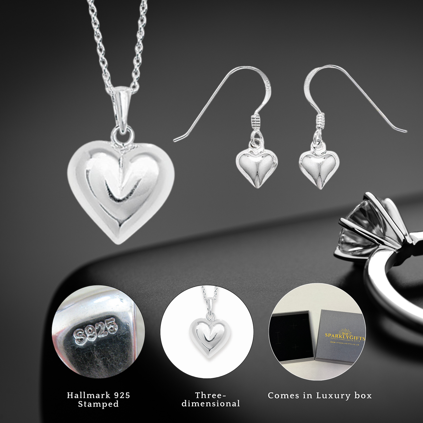 Sterling Silver Plain Puff Heart Necklace and Hook Earrings Set