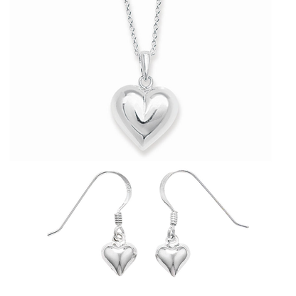 Sterling Silver Plain Puff Heart Necklace and Hook Earrings Set