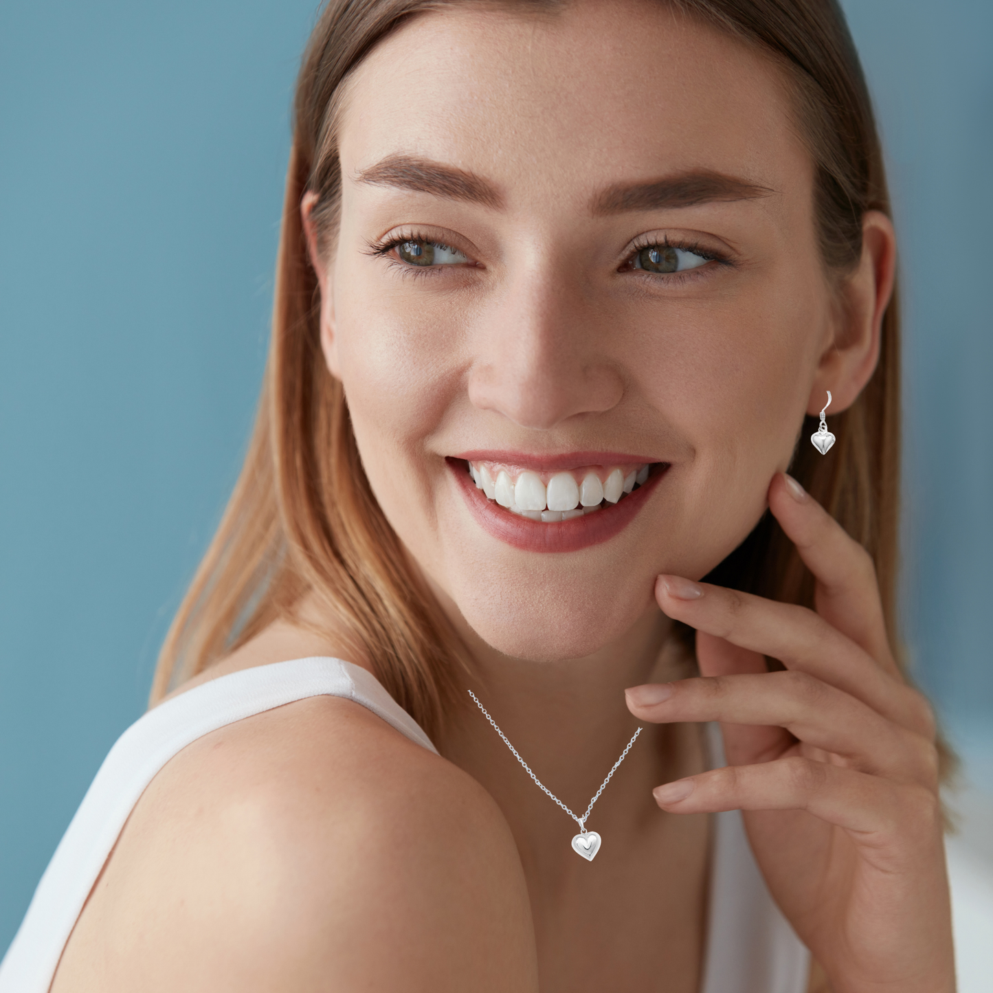 Sterling Silver Plain Puff Heart Necklace and Hook Earrings Set