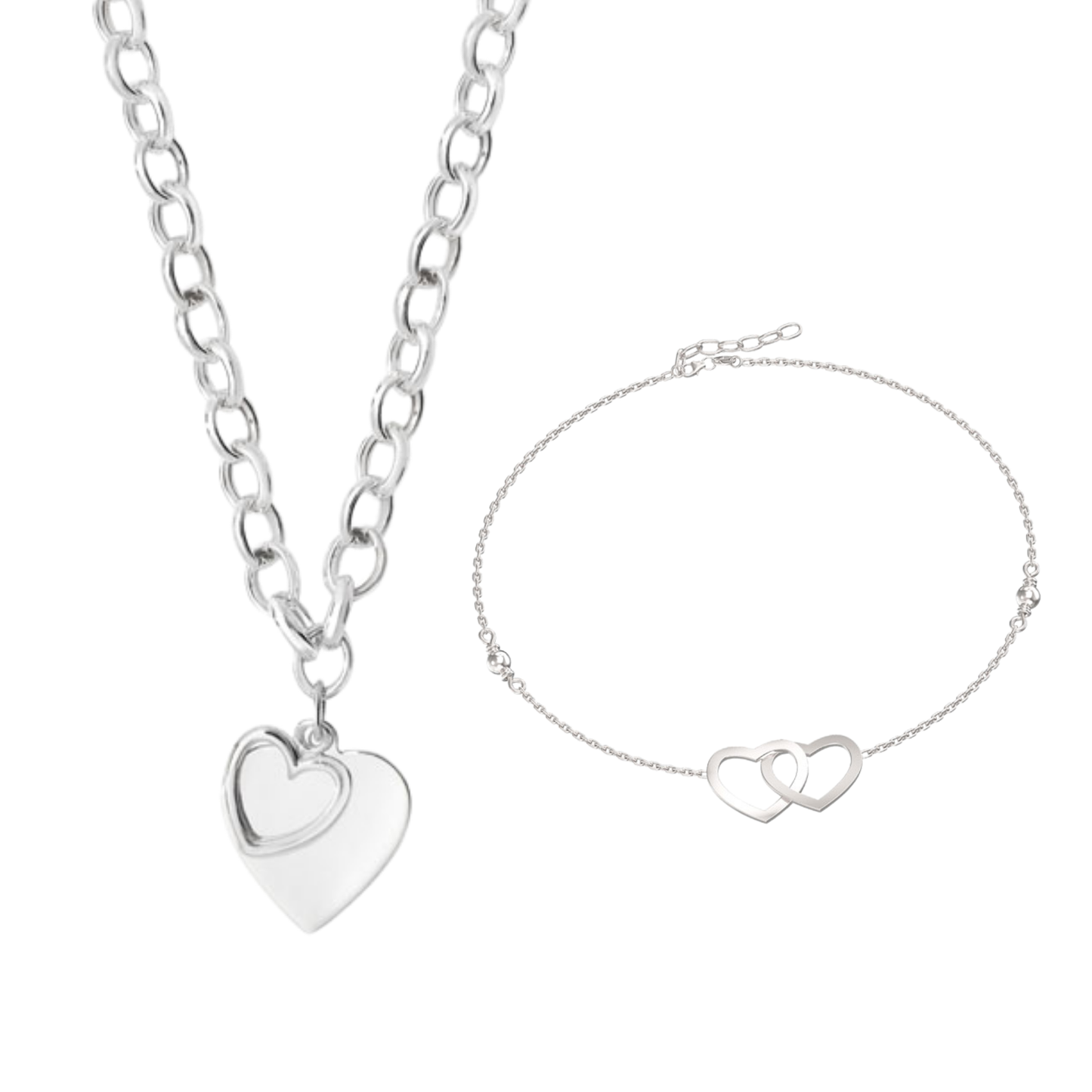 Sterling Silver Double Heart Belcher Necklace and Heart Anklet Bracelet