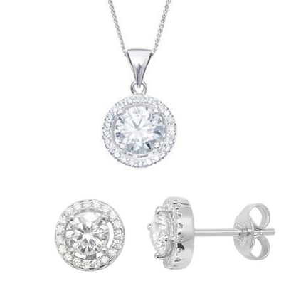 Sterling Silver Cubic Zirconia Halo 13mm Necklace and Stud Earring Set