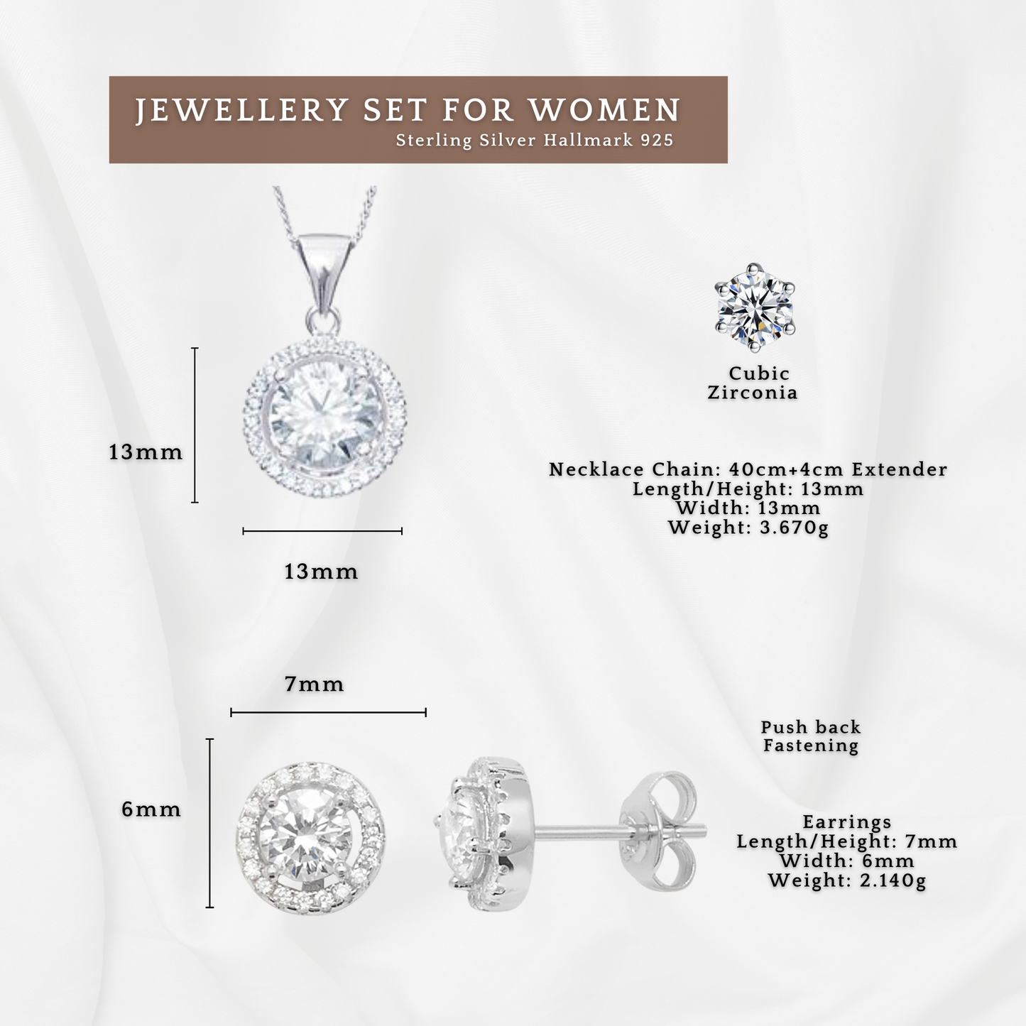 Sterling Silver Cubic Zirconia Halo 13mm Necklace and Stud Earring Set