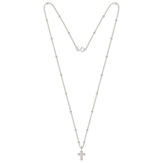 Sterling Silver Beaded Curb Chain With Cross Necklace