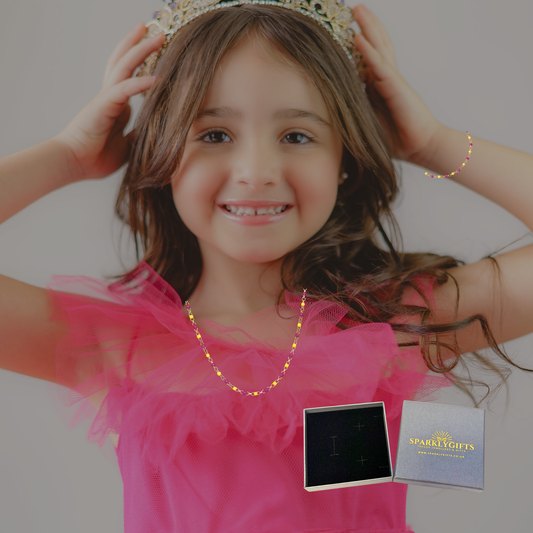 Sterling Silver Gold Plated Enamel Red and Yellow Beaded Necklace and Bracelet Set for Children