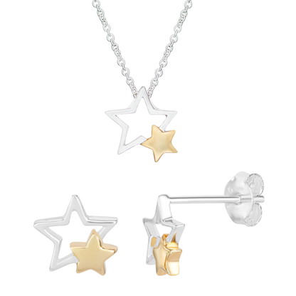 Sterling Silver Gold Plated Two Tone Two Stars Necklaces and Earrings Set