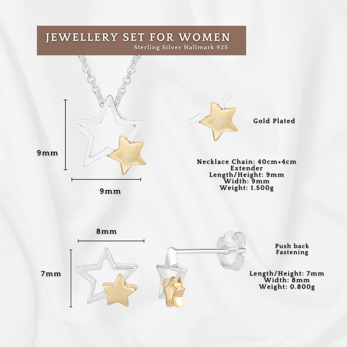 Sterling Silver Gold Plated Two Tone Two Stars Necklaces and Earrings Set