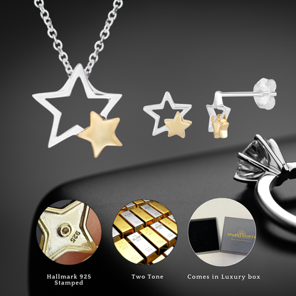 Sterling Silver Gold Plated Two Tone Two Stars Necklaces and Earrings Set