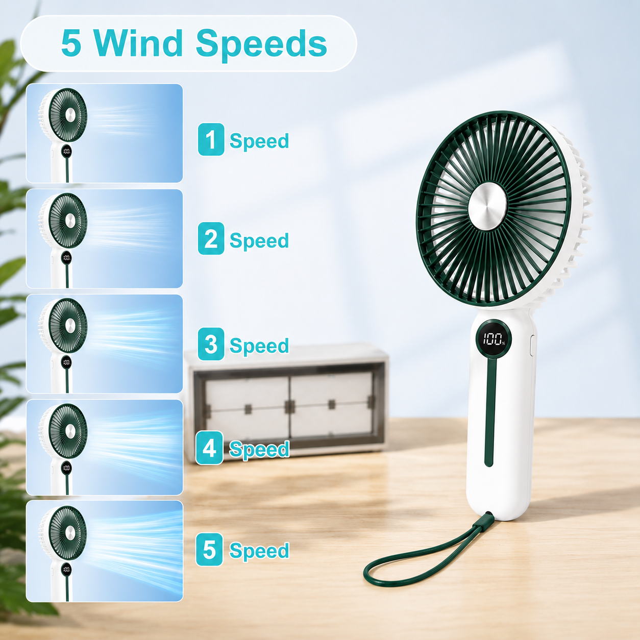 Rechargeable 6" Handheld Fan with LED Display 2400mAh USB Fan, 5 Speed Foldable Personal Cooling Fan with Lanyard