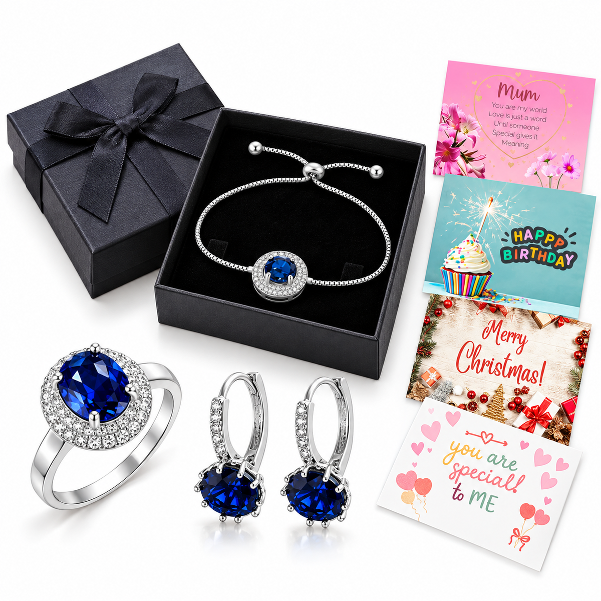 Halo Adjustable Crystal Bracelet, Ring & Earrings with Message and Gift Box – Birthday, Christmas, Mum Gift