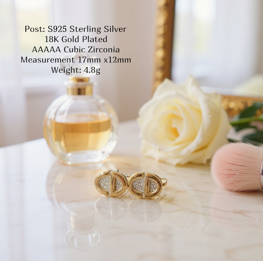 Designer Inspired Oval 18K Gold Plated Studs Sterling Silver Post Earrings