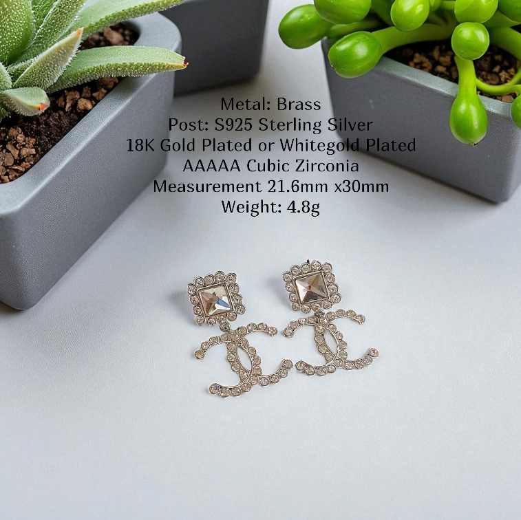 Designer Inspired CC Style Drop Sterling Silver Post Earrings