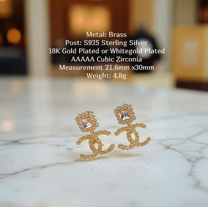 Designer Inspired CC Style Drop Sterling Silver Post Earrings