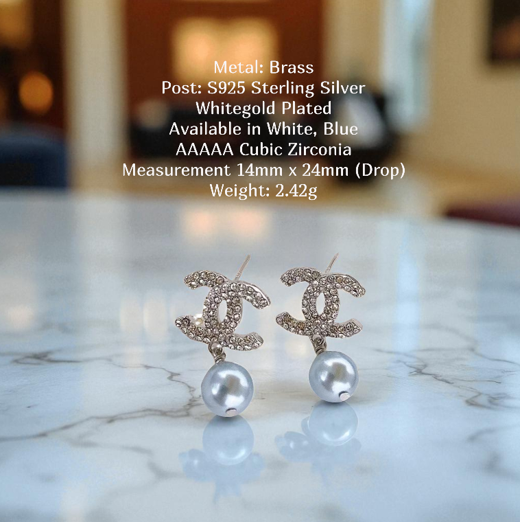 Pave CC & Pearl Drop Earrings Sterling Silver Post Earrings