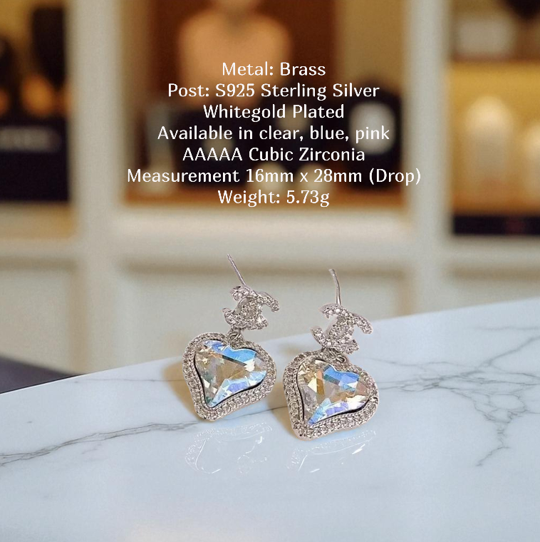 Crystal Heart Designer Logo Dangles Sterling Silver Post Earrings