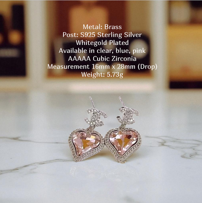 Crystal Heart Designer Logo Dangles Sterling Silver Post Earrings