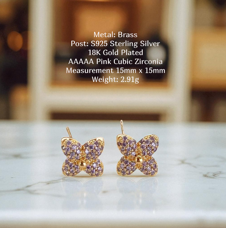 Amethyst Hued Clover Pave Stud Earrings Sterling Silver Post Earrings