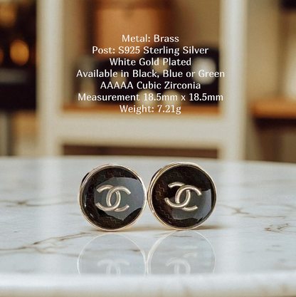 Glossy Round CC Studs Sterling Silver Post Earrings