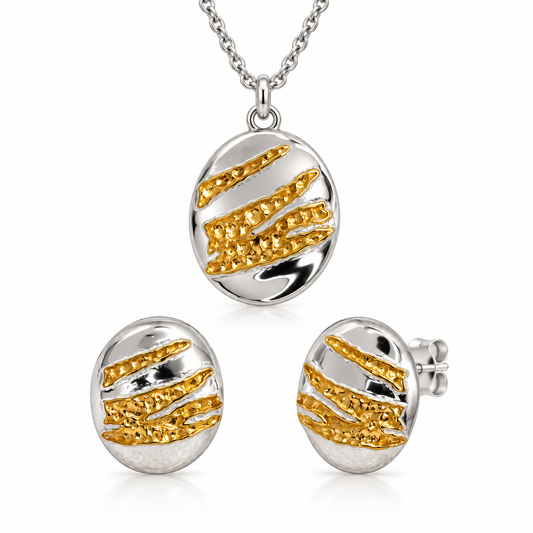 S925 Sterling Silver Golden Ridge Necklace & Earrings Jewellery Set