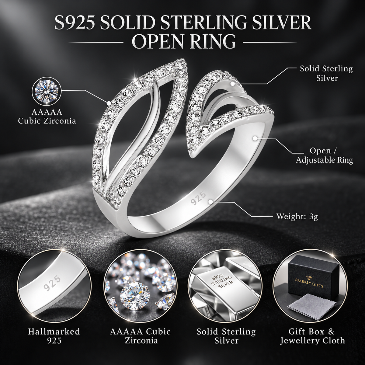 Sterling Silver Whisper Leaf C/Z Open Adjustable Ring