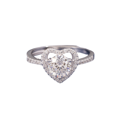 Sterling Silver Halo Heart Moissanite Ring One carat Open Adjustable Ring