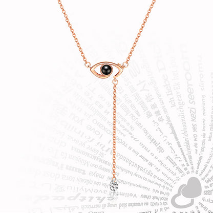 Evil Eye & Flower Clover Projection Necklace Rose Gold Tone Stainless Steel 100 Languages I Love You Memory Pendant